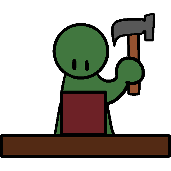 A green person holding a large hammer and looking at a red box on a brown surface.